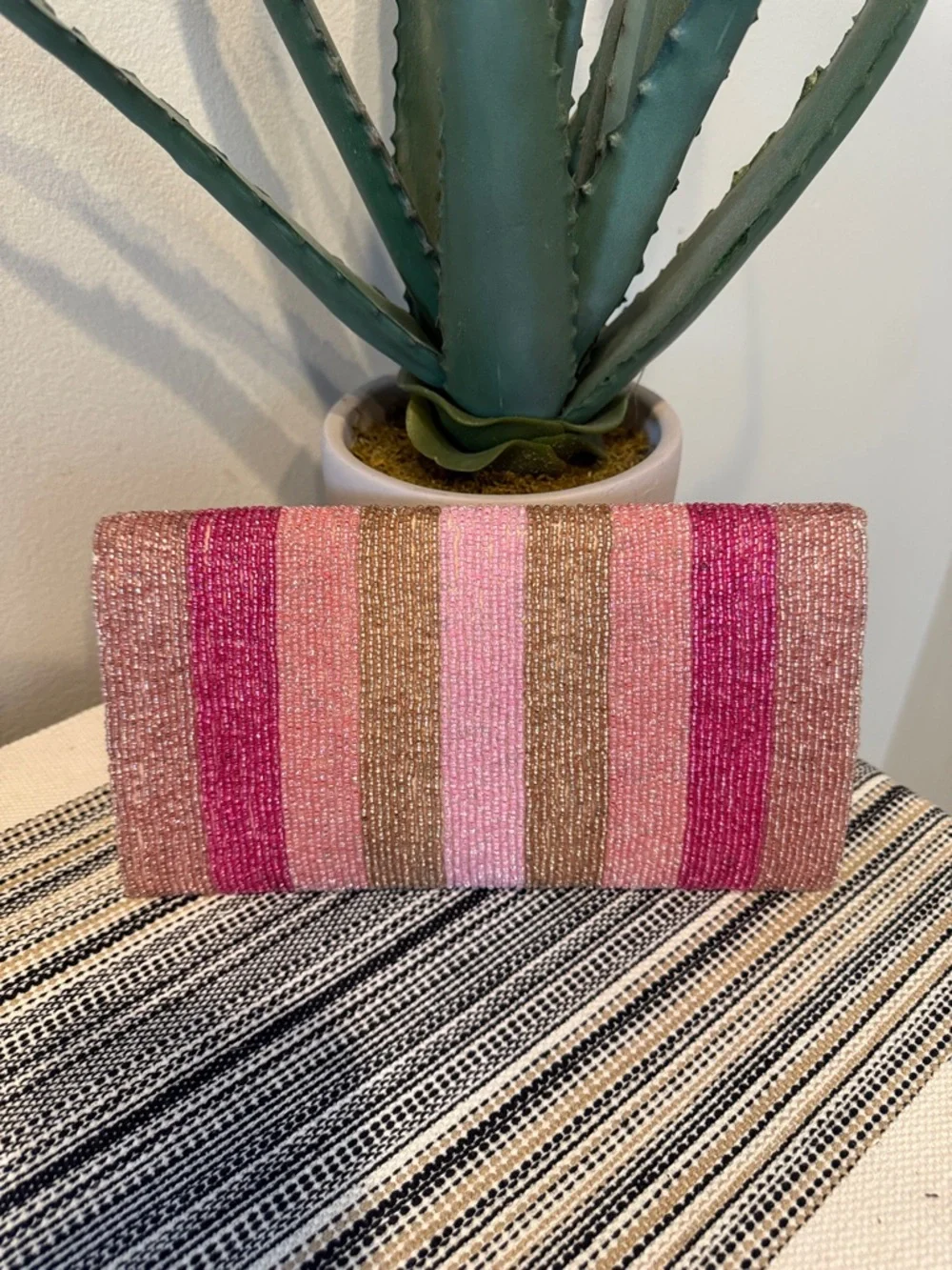 America & Beyond Beaded 'Rosé All Day' Clutch‎ Chain Purse Wine Pink Stripe NWT